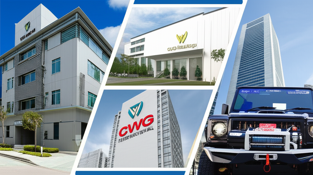 三組場景拼貼:馬來西亞現代化工廠代表 CWG Holdings,香港城市天際線搭配保險標誌象徵 CWG International,越野車裝備 Comeup Winch 展現國際企業多樣性