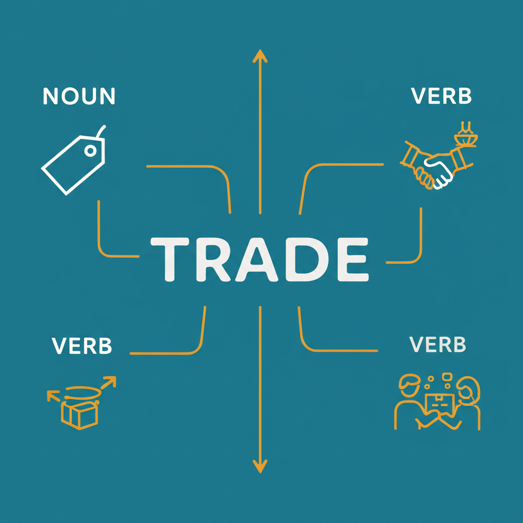 英文單字 trade 醒目呈現,兩條分支分別標示名詞與動詞,搭配對應圖示,說明其基本語法角色與核心意義