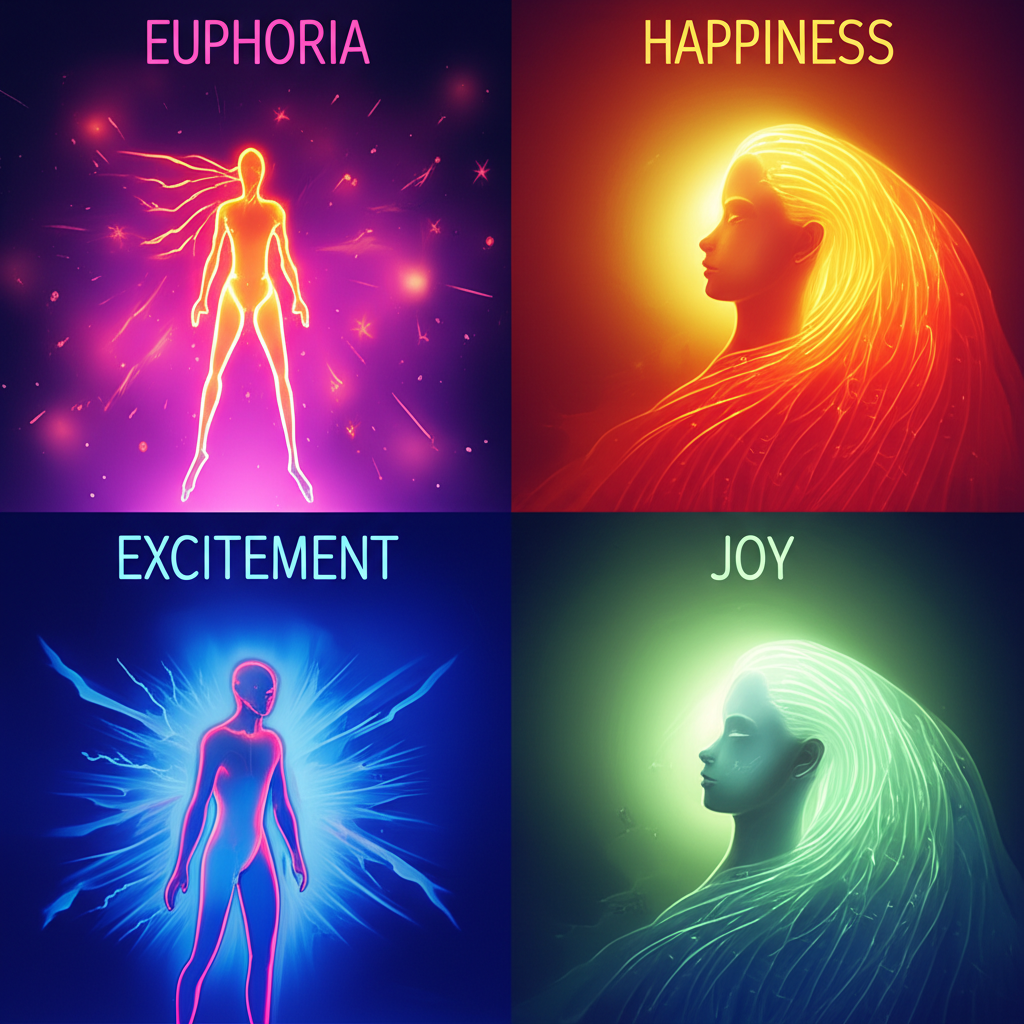 以四種不同角色或象徵呈現四種情緒狀態:Euphoria為明亮熾烈的光芒,Happiness為溫和穩定的暖光,Excitement為動態爆發的能量,Joy為深沉寧靜的流動,凸顯其間微妙差異