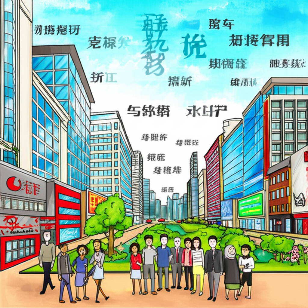 城市景觀中生意興隆、人們笑容滿面、綠意盎然的公園,象徵經濟、社會與個人層面的繁榮