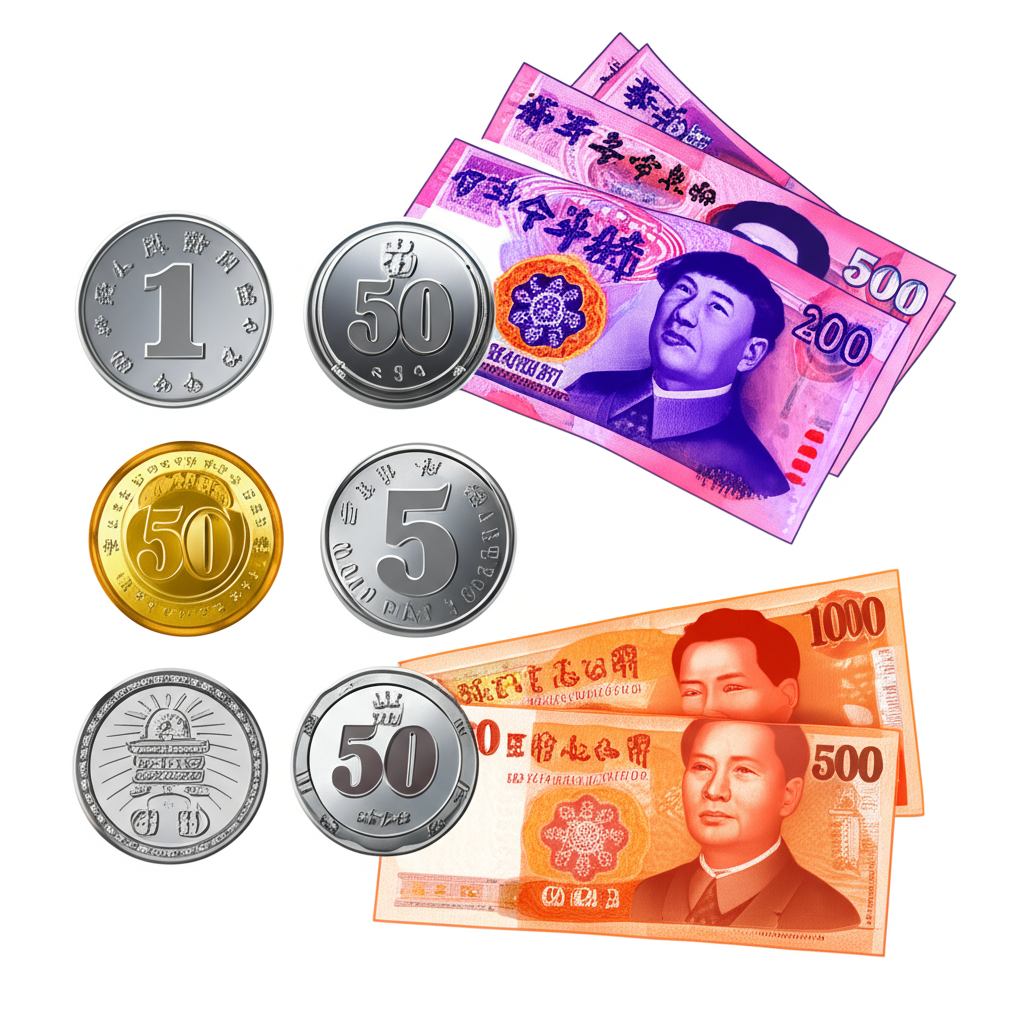 中央銀行發行多元新台幣面額：硬幣（1、5、10、50）與紙鈔（100、500、1000），凸顯其流通與日常交易角色