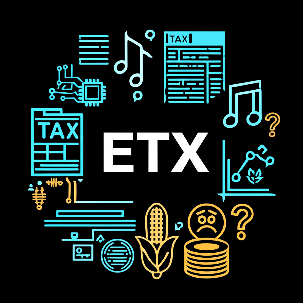 ETX多重含義概念圖:中心為ETX字樣,周圍環繞科技、音樂、稅務、數據、農業與金融圖示,呈現資訊混淆狀態