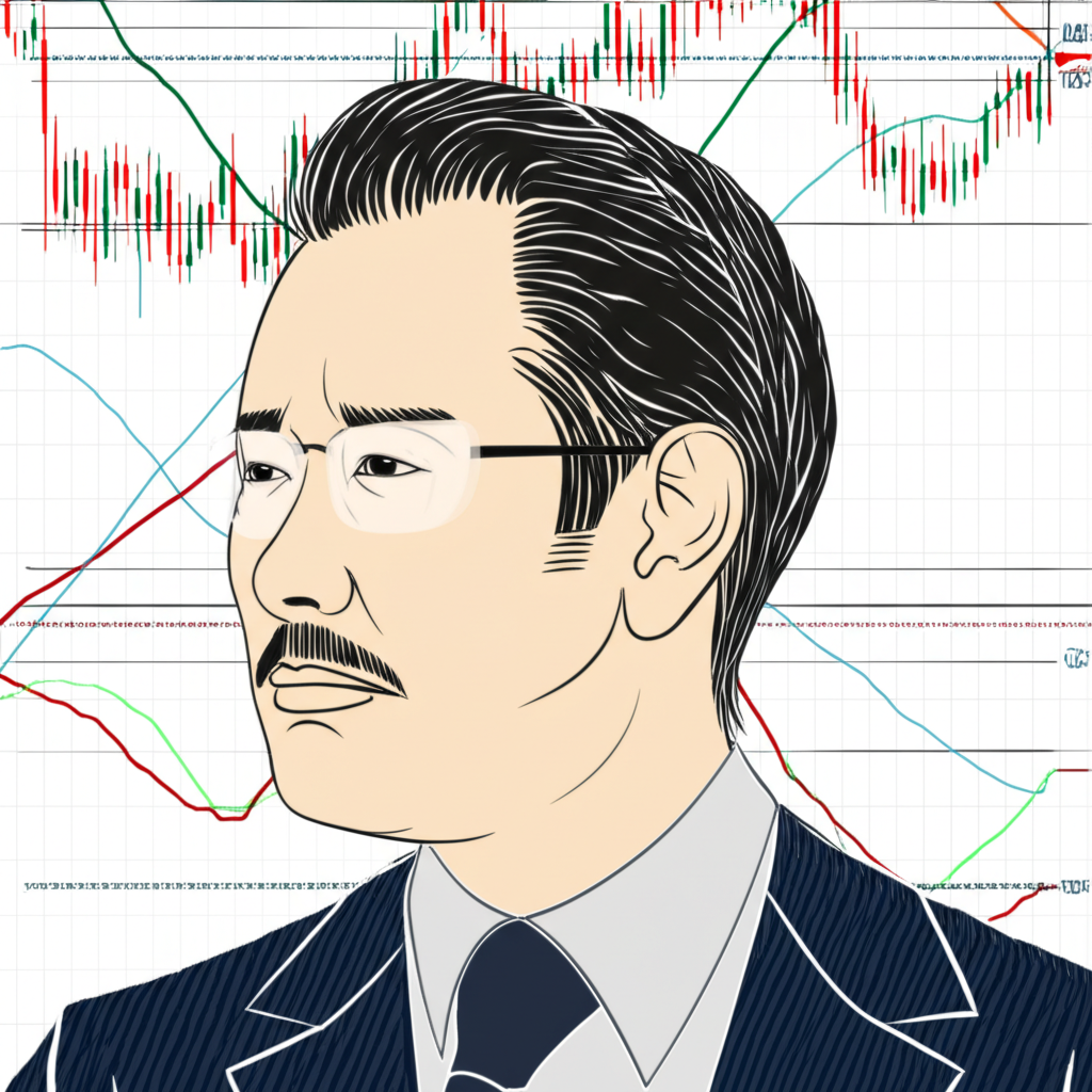 一位沉穩的日本記者凝視著複雜市場圖表,象徵一目均衡表背後的市場哲學與遠見