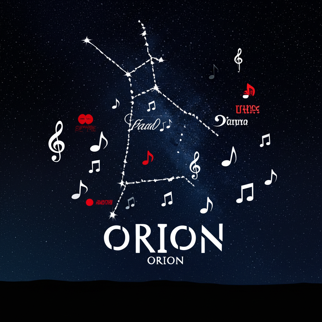 Orion星座在夜空中呈現沙漏形狀,周圍融入音樂符號與品牌標誌,象徵其在中文文化中的多元意涵