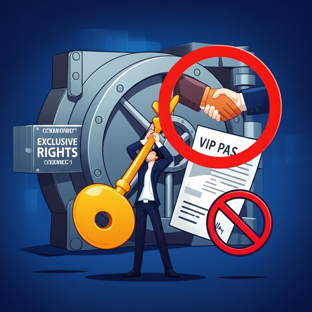 插圖描繪 exclusive 的實際應用:一人手持刻有 exclusive rights 的金鑰、VIP 門票代表 exclusive access,雙方握手簽署 exclusive contract,背景顯示禁止競爭符號,凸顯獨占與專屬協議