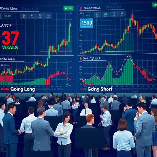 動態且複雜的金融市場場景,螢幕顯示股票圖表與交易數據