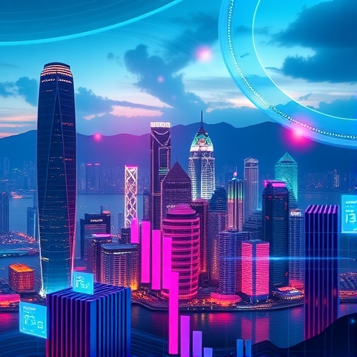 2025年充滿科技感的香港未來都市景觀,象徵金融市場的蓬勃發展