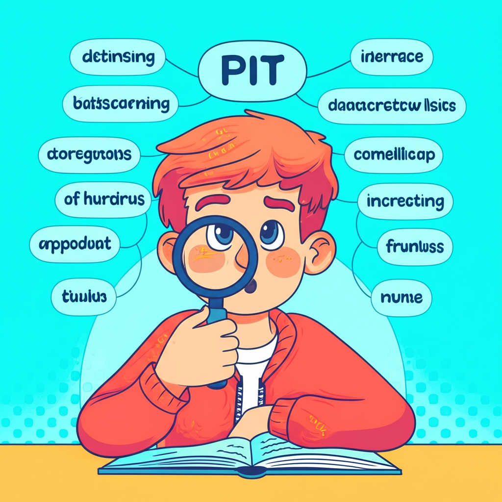一名學生手持放大鏡研究單字 pit,周圍延伸出代表具體與抽象意義的思維導圖