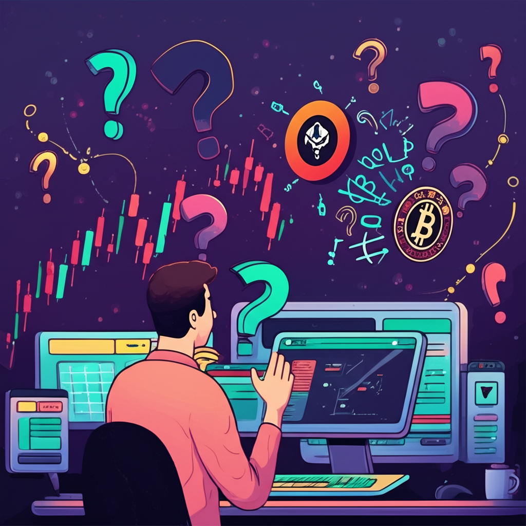 插圖描繪一名投資者盯著加密貨幣走勢圖,周圍環繞問號與BTCC標誌,象徵對平台合法性的困惑與市場風險