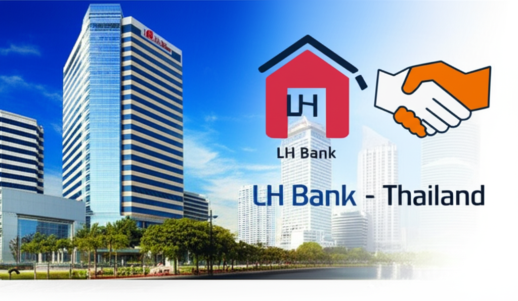 LH Bank 泰國總部建築、地產金融象徵與中信金控合作握手圖示