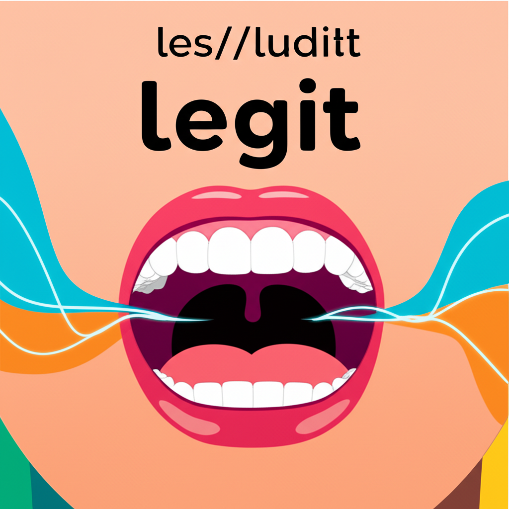 人物嘴巴清晰發出『legit』的音,旁邊有音標與聲波圖,風格生動具教育性