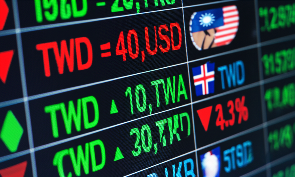插畫:螢幕顯示美元兌台幣與港幣的即時匯率,動態箭頭呈現波動趨勢,背景為全球金融數據流,象徵匯率實時更新