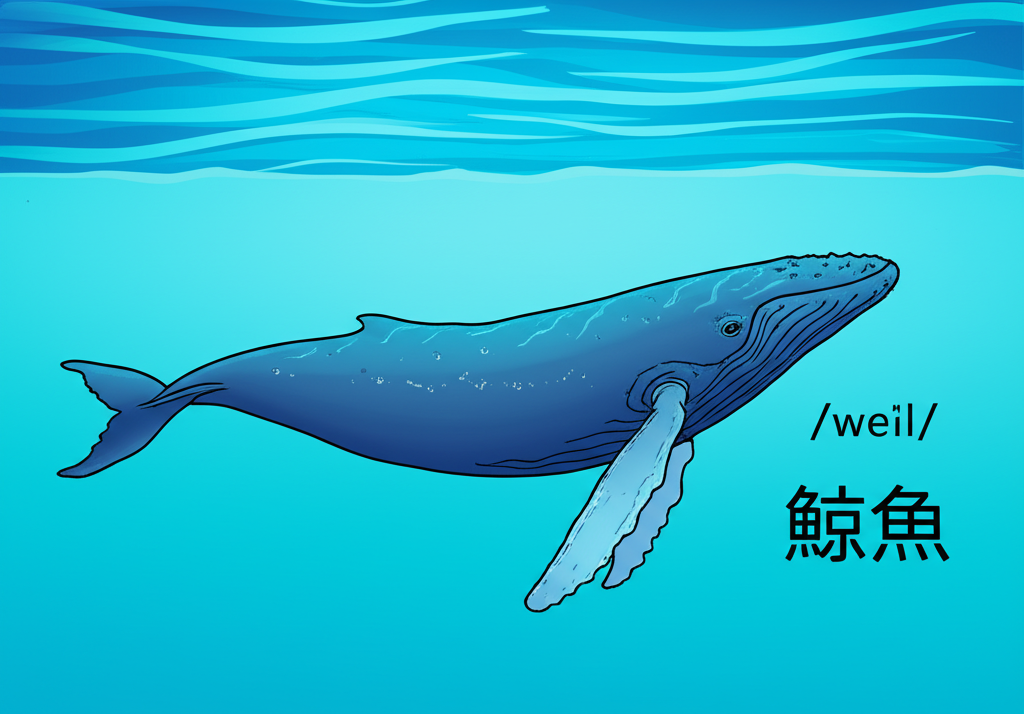 插畫風格,一頭巨大的藍鯨優雅地在海面下遊動,周圍漂浮著國際音標符號 /weɪl/ 與中文字「鯨魚」