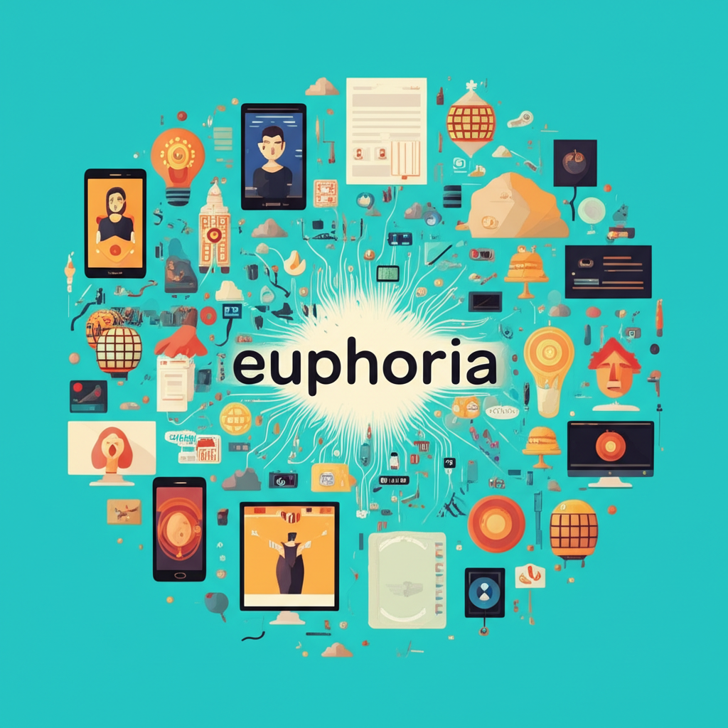 euphoria一詞超越原意,融入流行文化、心理學與日常生活的插圖,象徵強烈情感體驗與代表性媒體作品的深遠文化意涵
