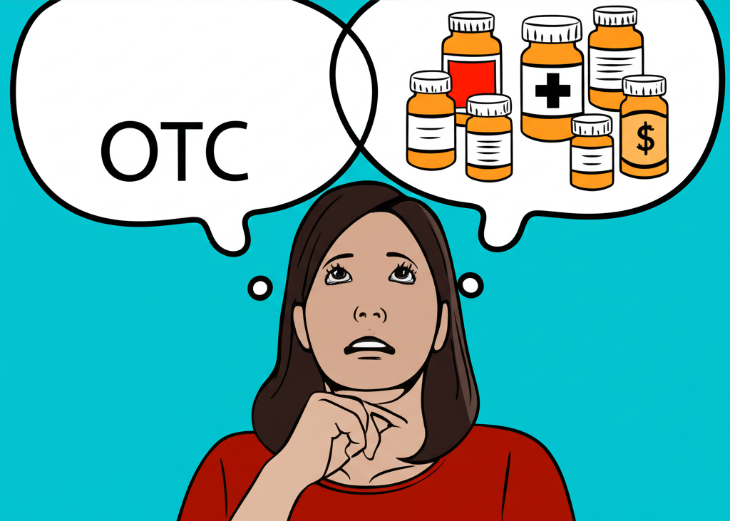 一個人對OTC一詞感到困惑,腦中浮現金融圖表與藥瓶兩種不同想法的插圖