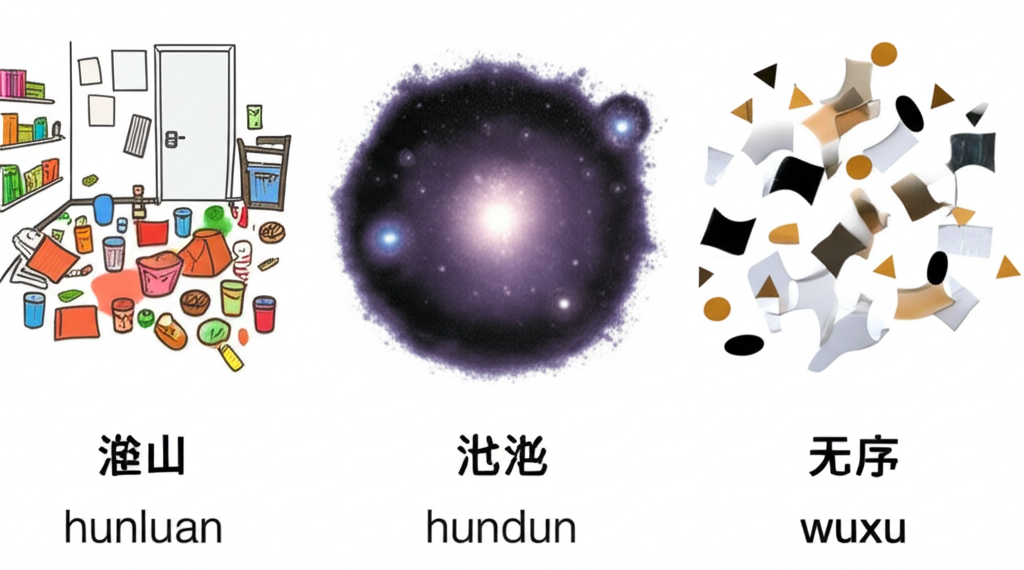 三種混亂的視覺呈現:凌亂的房間、原始宇宙雲氣與抽象散亂形狀,分別標註中文「混亂」、「混沌」、「無序」