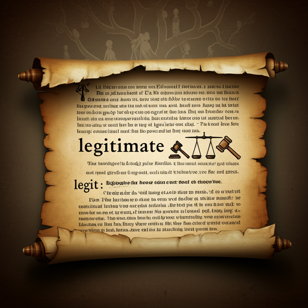 古代拉丁文卷軸轉化為現代字典中『legitimate』與『legit』的條目,背景有法律象徵與家族樹
