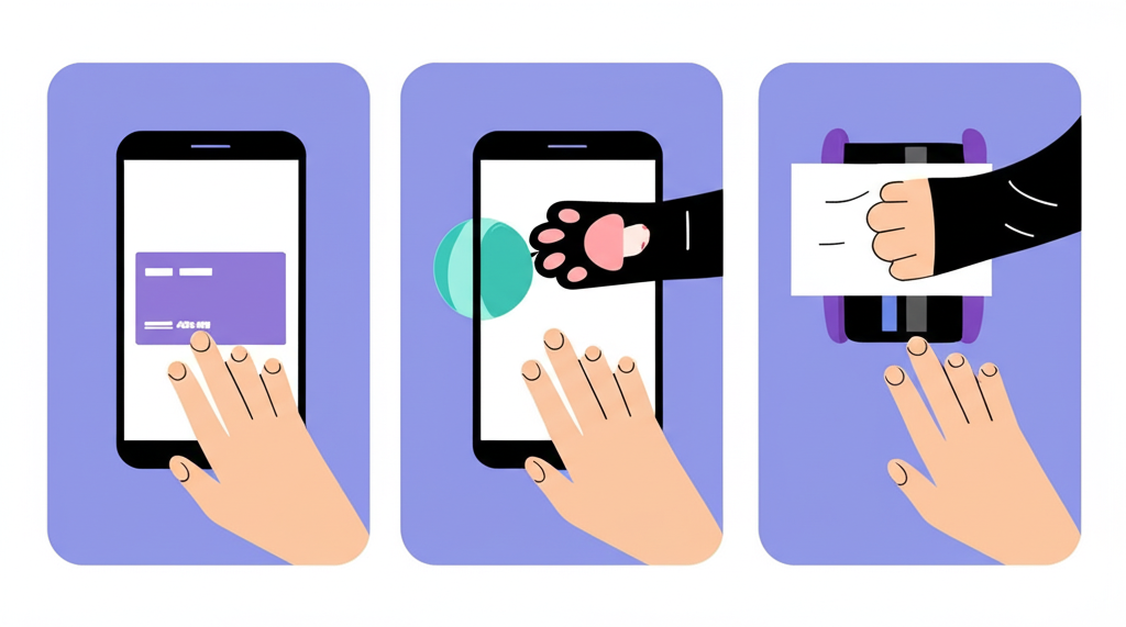 插圖呈現五種『swipe』動作:手指滑手機、刷卡過機、手偷偷拿東西、貓爪揮擊玩具、手抹桌子,完整展示此動詞的多元使用情境