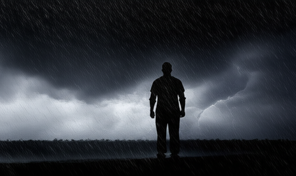 一個人在風雨中堅定站立,象徵面對挑戰時不屈不撓的精神