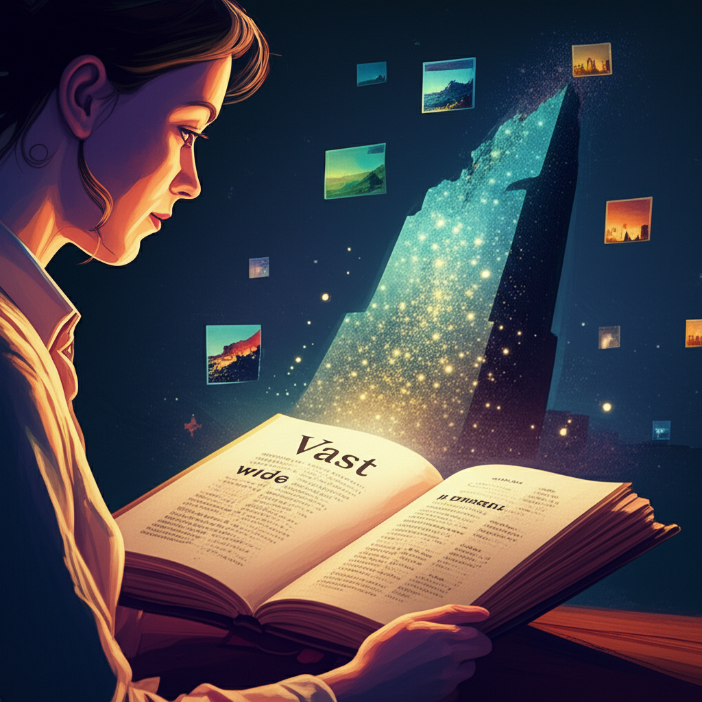 一個人注視著發光的字典條目「vast」,周圍漂浮著代表廣闊、巨大與大量概念的抽象圖像