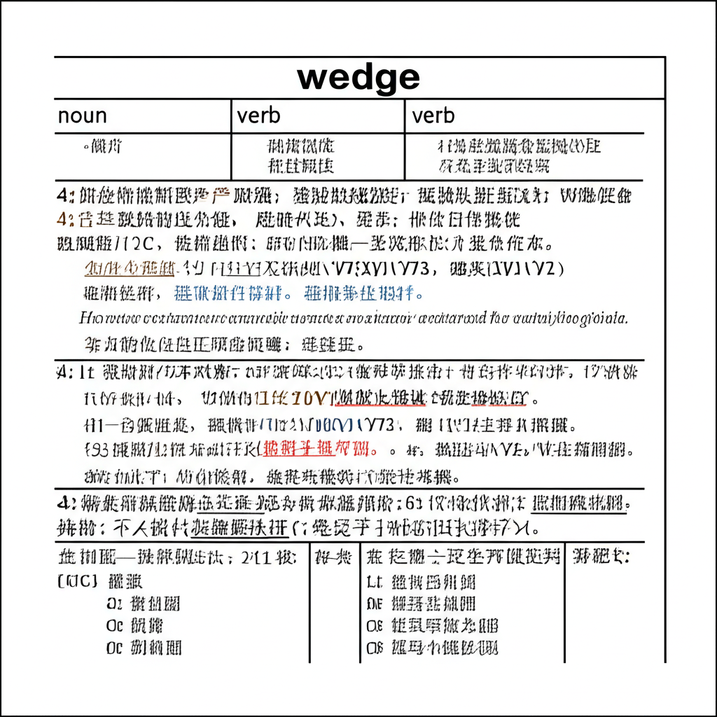 字典頁面插圖,展示「wedge」一詞的名詞與動詞形式,並標註中文翻譯與語法分析,呈現教育性風格