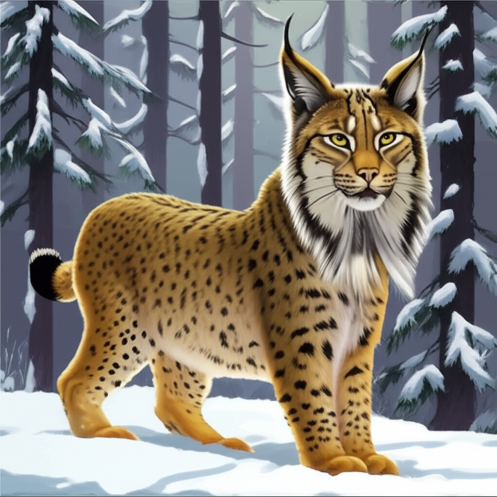插畫描繪一隻中型野生猞猁,耳簇明顯、尾巴短小、眼神銳利,警覺地站在覆雪的北方森林中,展現其作為神秘掠食者的典型形象