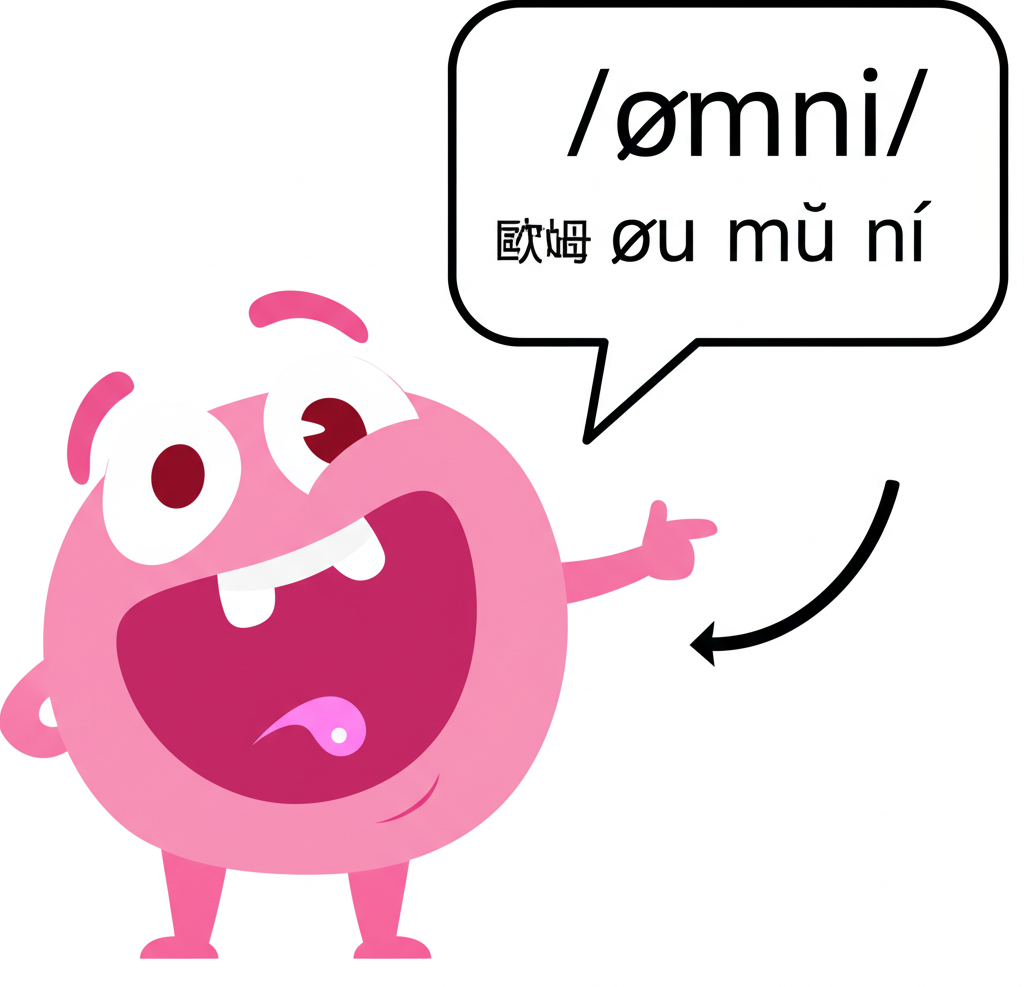 卡通人物發音教學插畫,氣泡中顯示音標/ɒmni/與中文歐姆尼 ōu mǔ ní,並以嘴型提示短o音與mni快速收尾