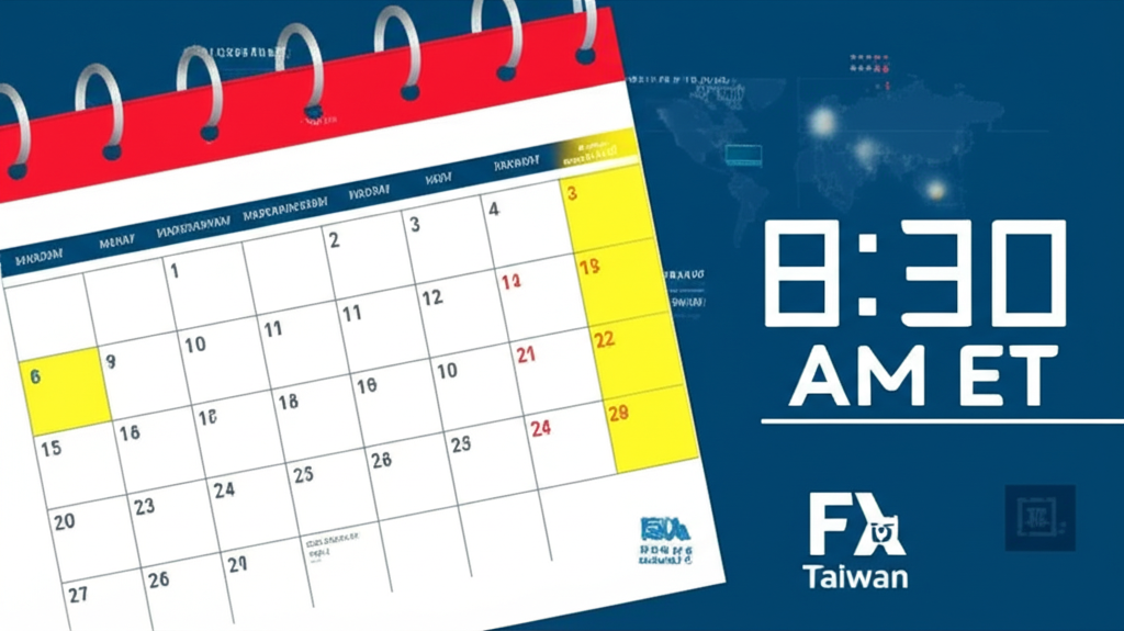 日曆插畫,每月第一個星期五被標亮,數位時鐘顯示美東時間8:30,世界地圖標示台灣與香港的觀看時段,財經媒體標誌可見