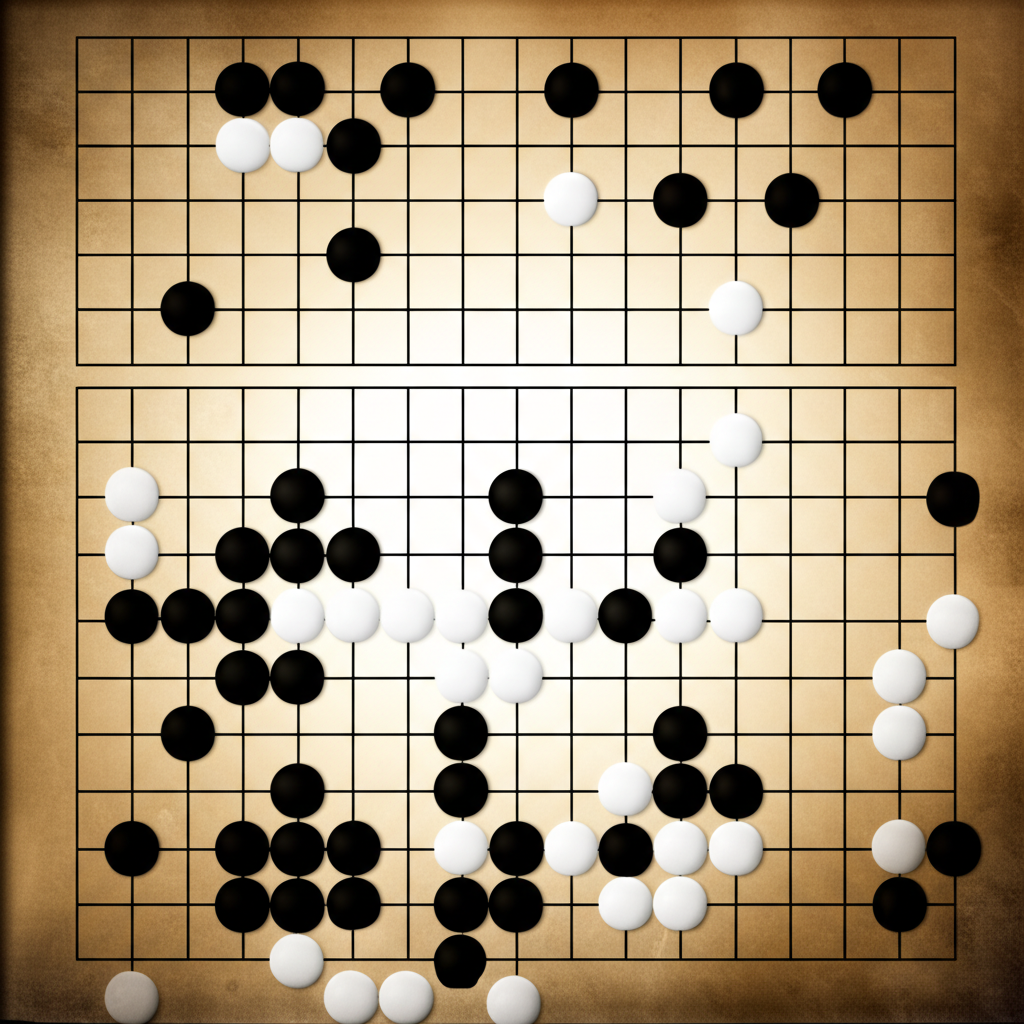 古代圍棋棋盤上黑白子交錯,散發柔和光芒,象徵深遠智慧與策略思維的源頭