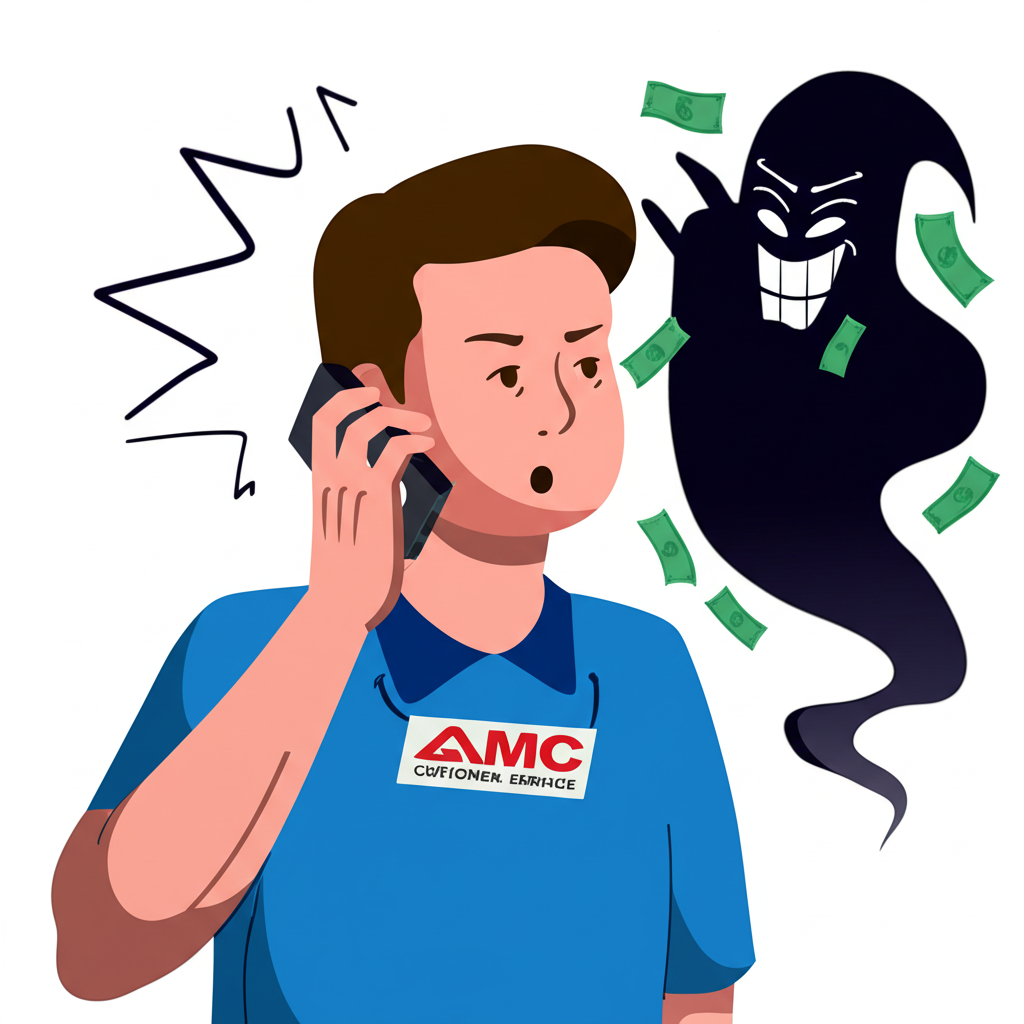 插畫描繪一名困惑的民眾接到未知來電,對方假冒AMC客服,試圖誘騙其落入金錢損失的陷阱
