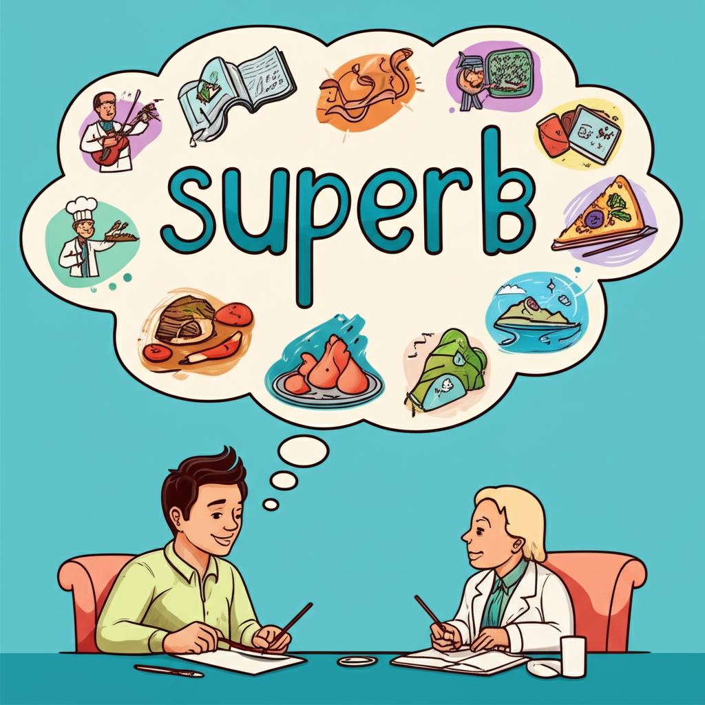 英語學習者探索『superb』一詞背後的深層意義,包含不同語境與表情的插畫風格