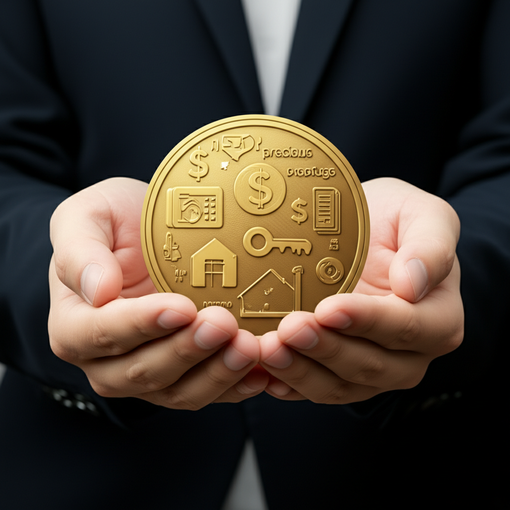 人物手持大硬幣,周圍環繞資產、財產、優勢、寶貴之物等文字,象徵asset的價值與所有權概念
