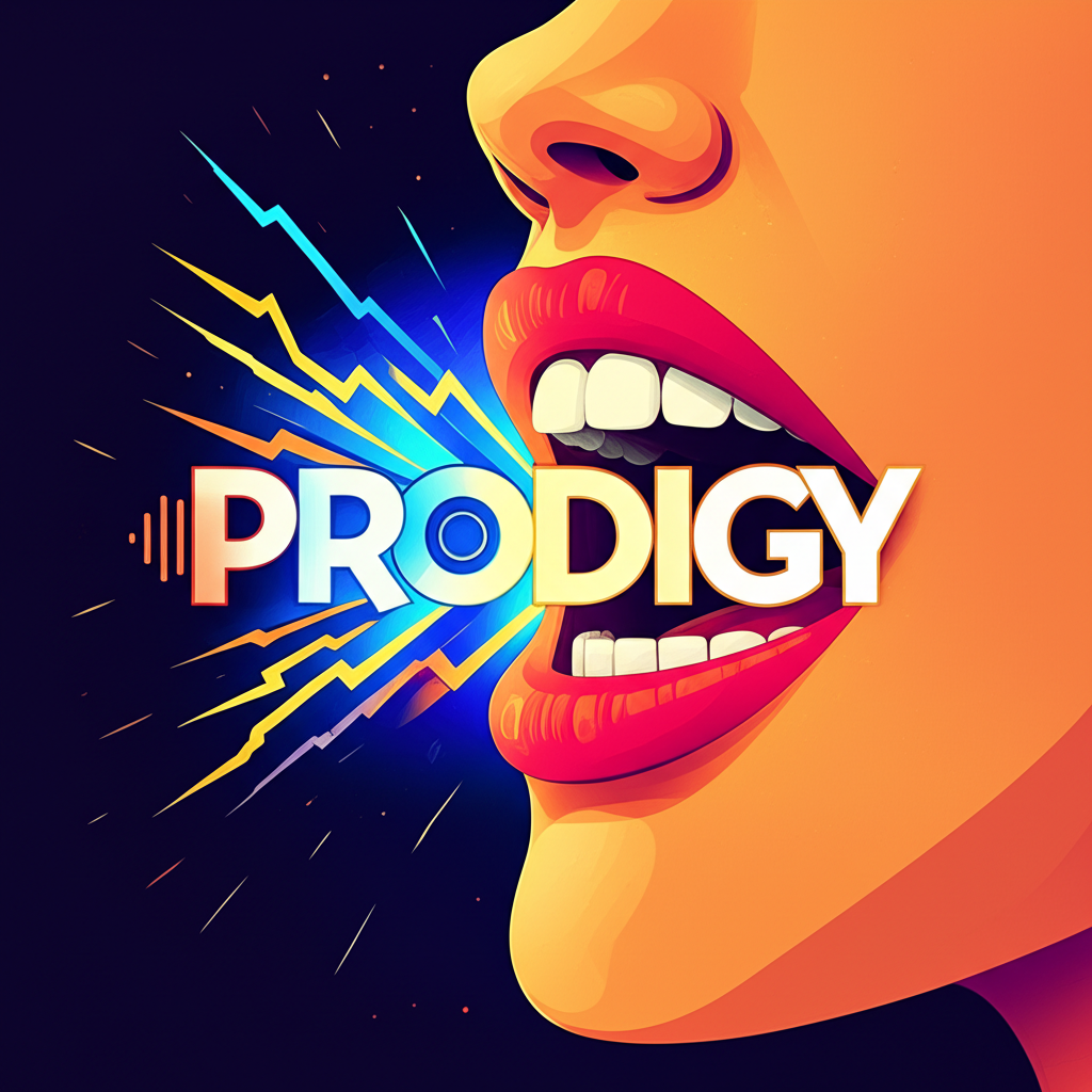 插畫:風格化嘴巴發出『Prodigy』,聲波從『pro』音節放射,強調重音,並環繞充滿活力的能量氣場,傳達其強大語意