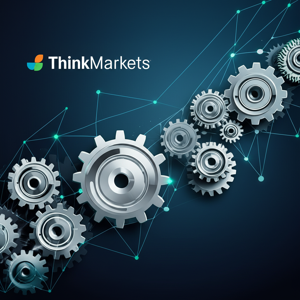 成長趨勢圖搭配齒輪與全球網絡連結,象徵ThinkMarkets在技術、全球擴張與創新上的策略投資,推動持續成長