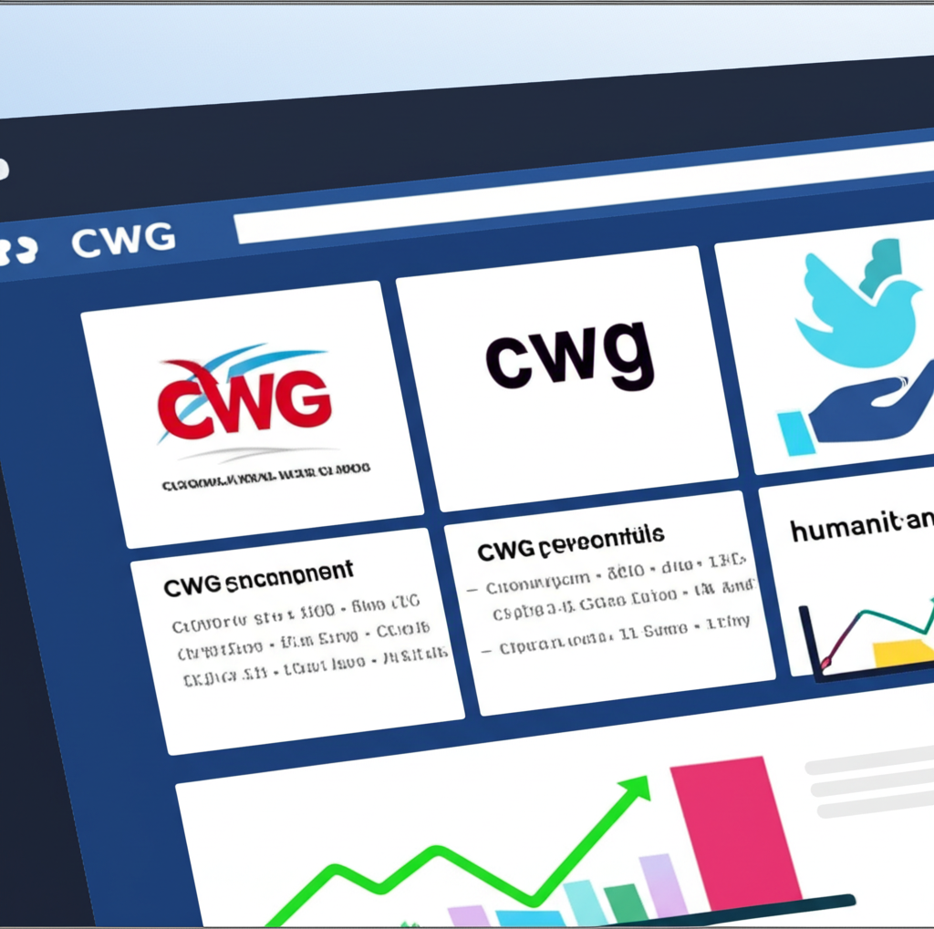 搜尋引擎結果頁面示意圖,顯示『CWG』查詢後出現企業標誌、金融走勢圖與人道援助符號等不同類型的內容區塊,反映多元搜尋結果