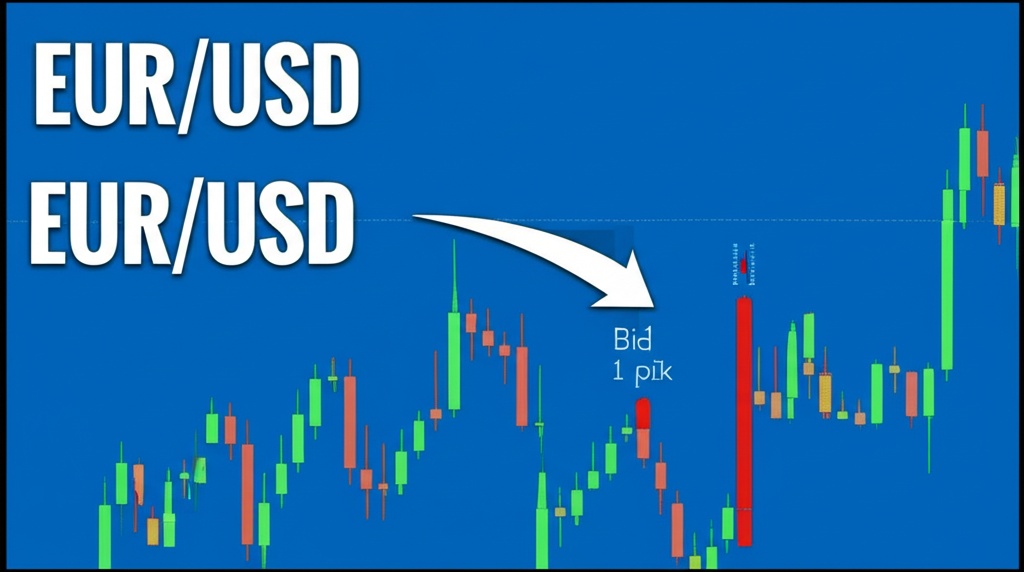 數位走勢圖顯示EURUSD匯率以一點微幅變動,說明點差如何以點數計算及其對交易成本的立即影響,呈現開倉即產生輕微虧損的現象