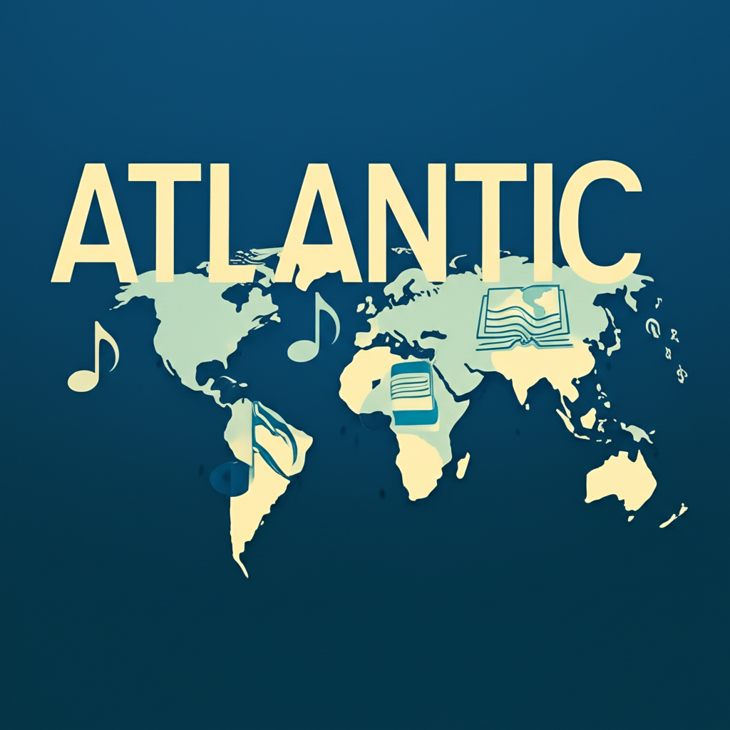 Atlantic一詞的多重意義圖解:從海洋地圖、企業標誌、音符到書本,象徵其在不同領域的應用