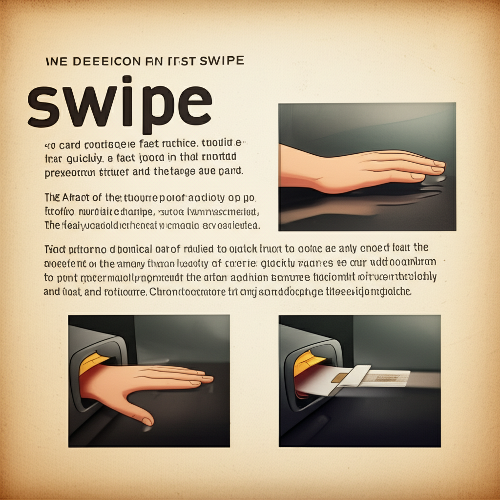 插圖展示字典頁面上『swipe』定義,搭配手指快速掠過表面、卡片穿過讀卡機,象徵其『快速移動或接觸』的核心意義