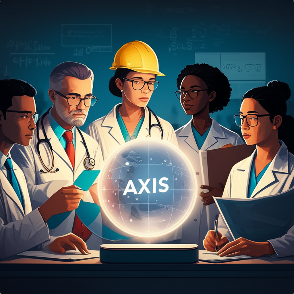不同專業人士圍觀標有Axis的發光核心,象徵其多重含義