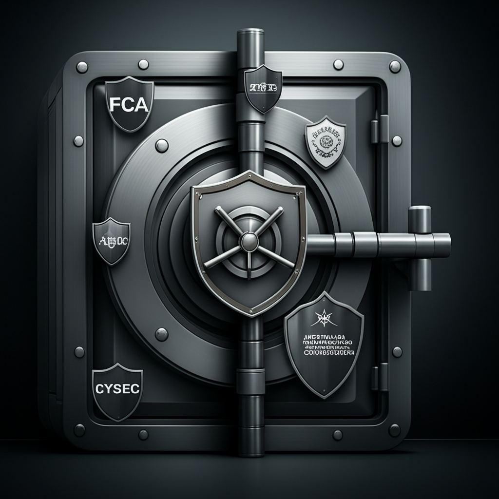 數位保險庫插圖,帶有FCA、ASIC、CySEC等多個監管盾牌,象徵ThinkMarkets對客戶資金的強大安全與合規保障