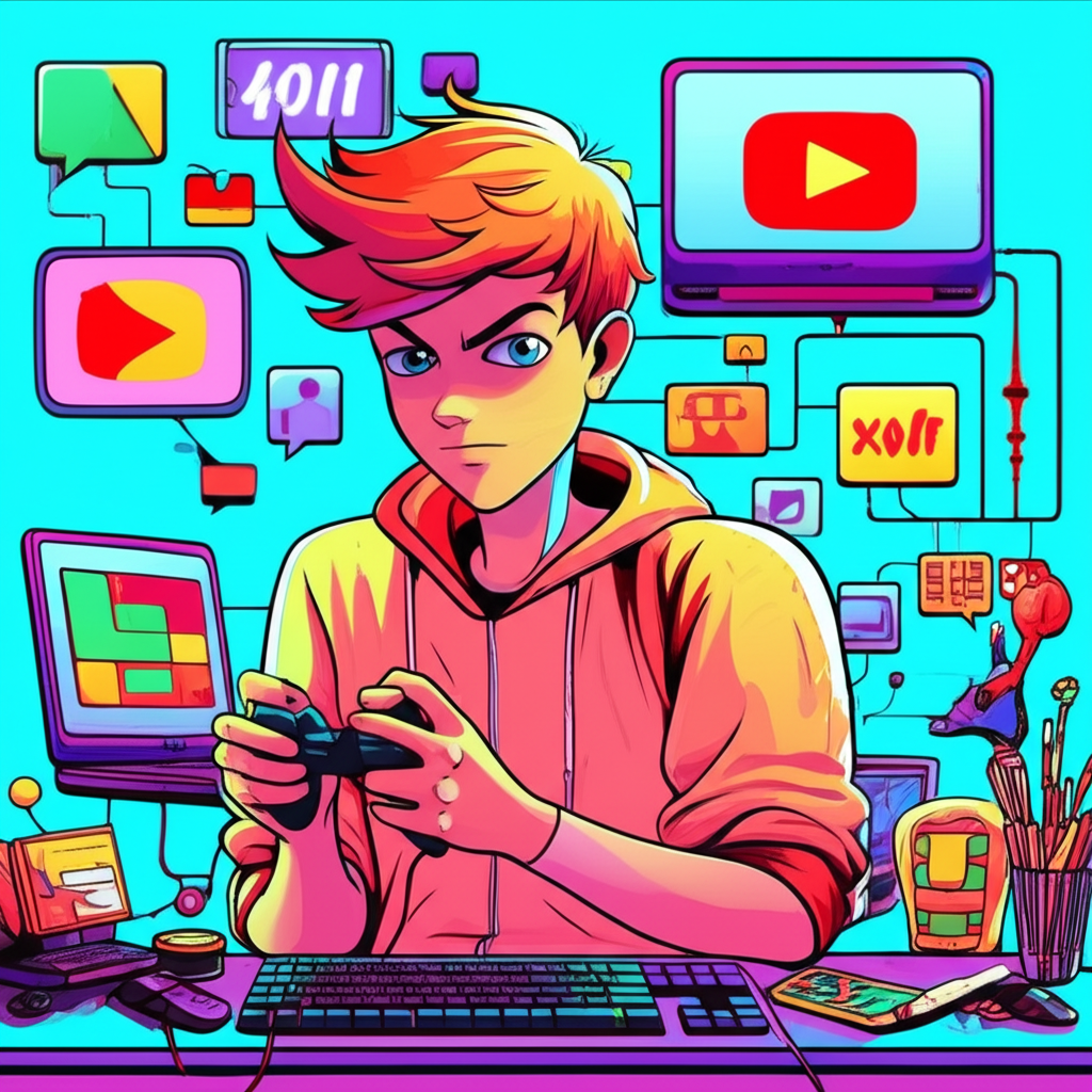 插畫:年輕的烏鴉youtuber正在玩遊戲、進行街頭實驗與社會觀察,表情俏皮卻帶有思考感,周圍環繞多元內容圖示與逐漸成長的粉絲群像