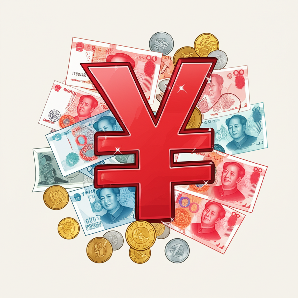 插畫:紅色人民幣符號搭配「人民幣」與「中國人民銀行」字樣,周圍環繞鈔票與硬幣,象徵中國法定貨幣