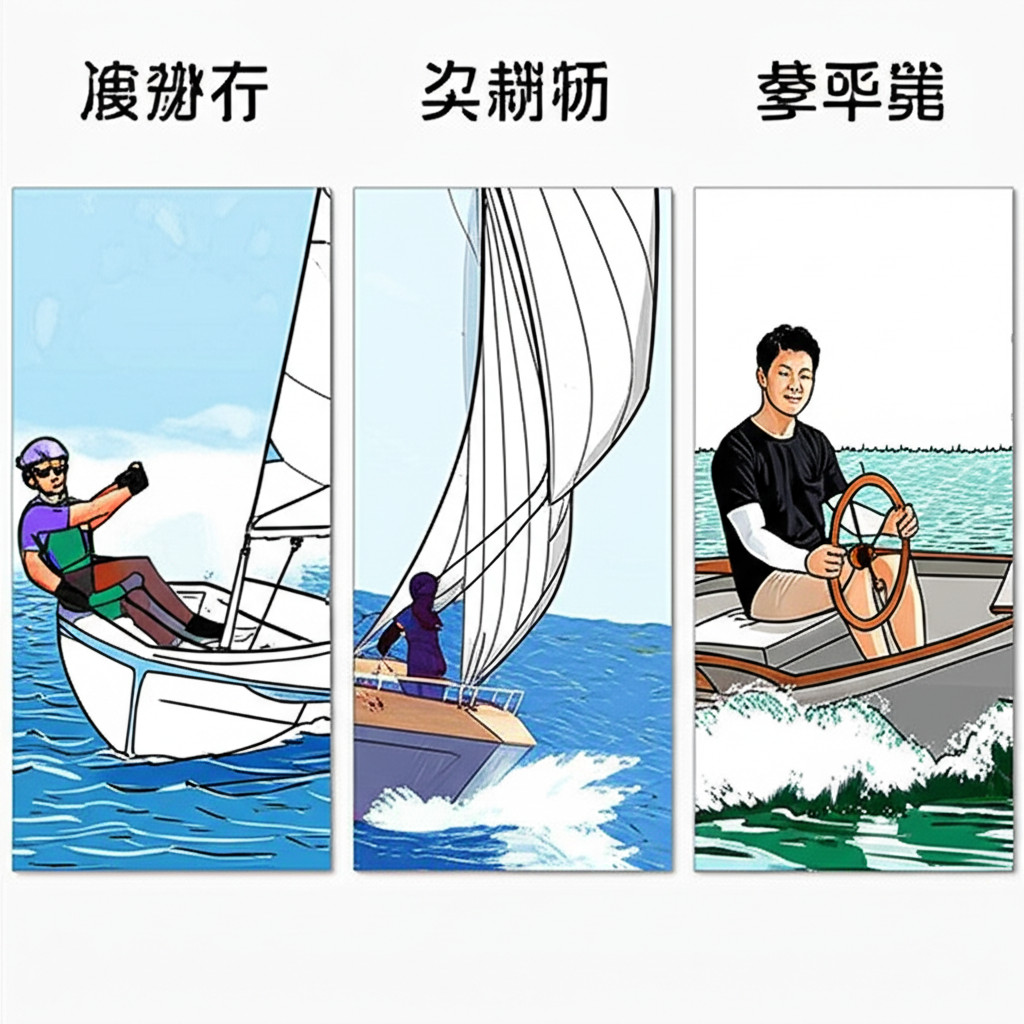 三組場景並列插圖:競技帆船、遠洋航行、休閒駕船,上方標示對應中文詞彙