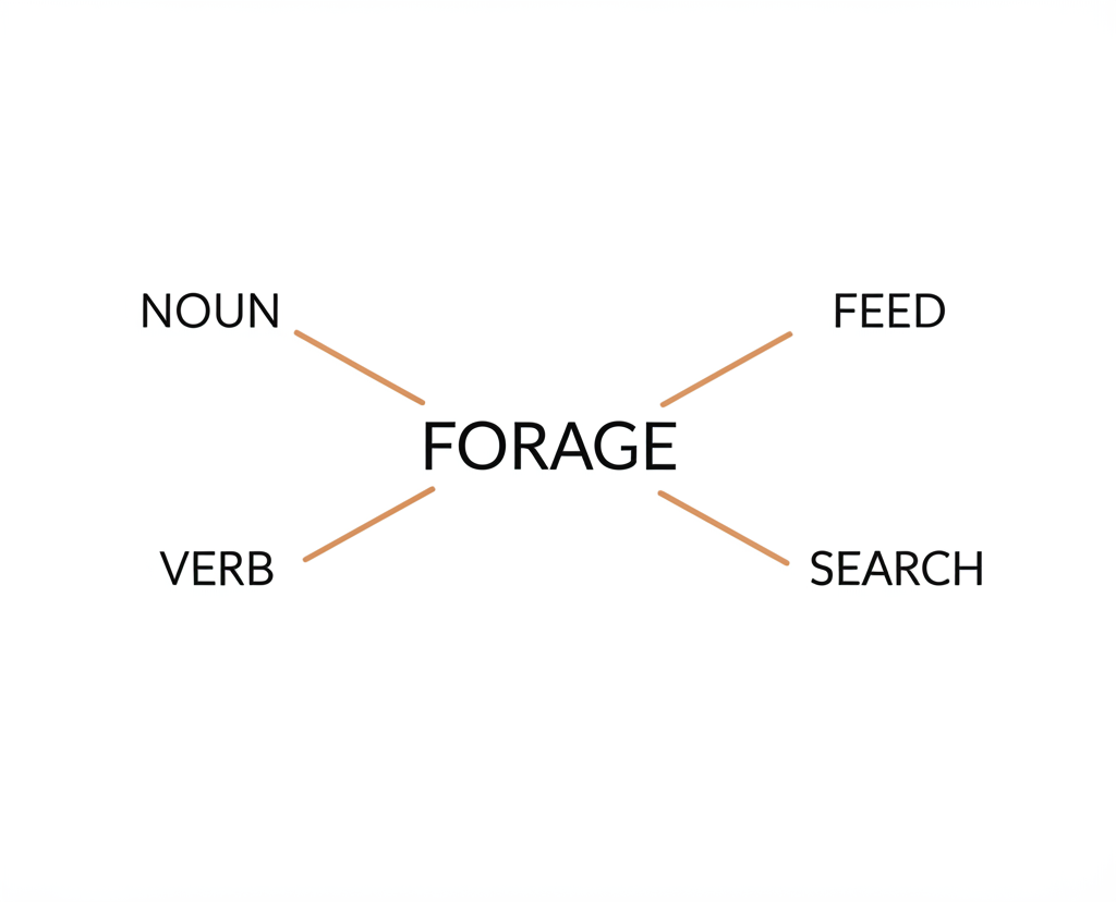 插圖展現尋找與獲取資源的概念,中央為 forage 一詞,向外延伸出名詞形式如飼料,以及動詞形式如搜尋