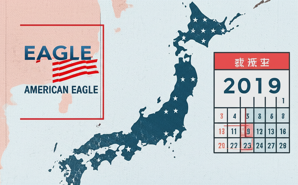 日本地圖上標示2019年時間點與逐漸褪色的American Eagle門市圖示,凸顯區域性撤退事件如何引發全球誤解