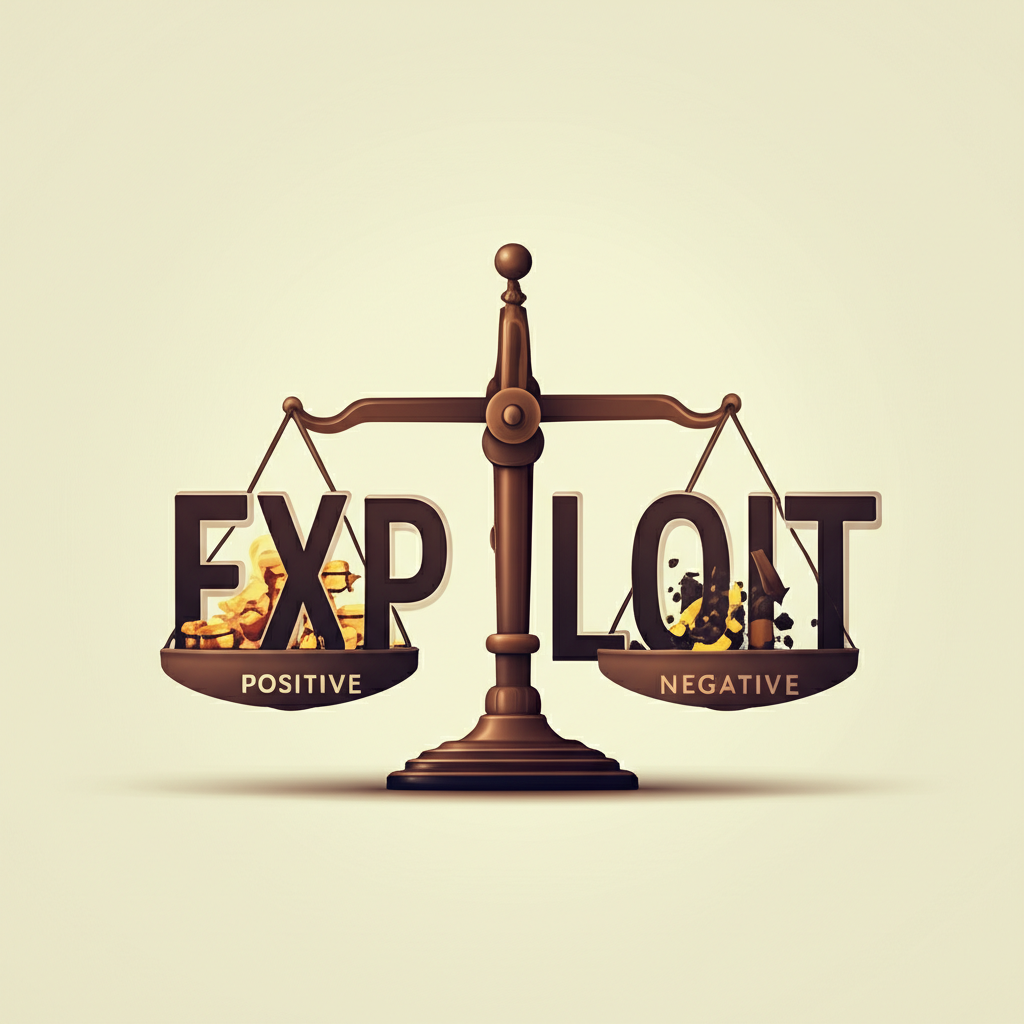 插畫以天平呈現「exploit」的正向、中性與負向語氣,一邊是利益獲取,另一邊是他人付出,象徵不同情境下的權衡與道德判斷