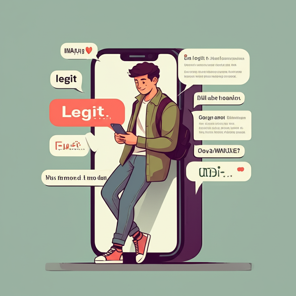 年輕人在現代場景中使用手機,對話框顯示『legit』從正式到俚語的各種用法