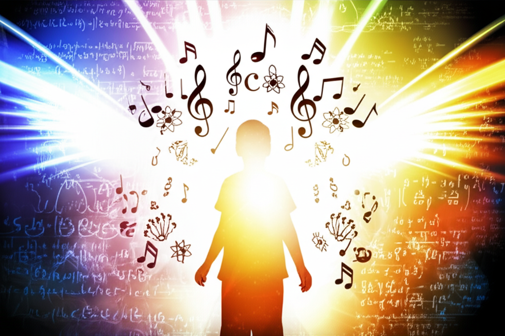 插畫:一名孩童周身散發光芒,周圍環繞音樂符號、科學公式與抽象藝術,象徵非比尋常的天賦與成就
