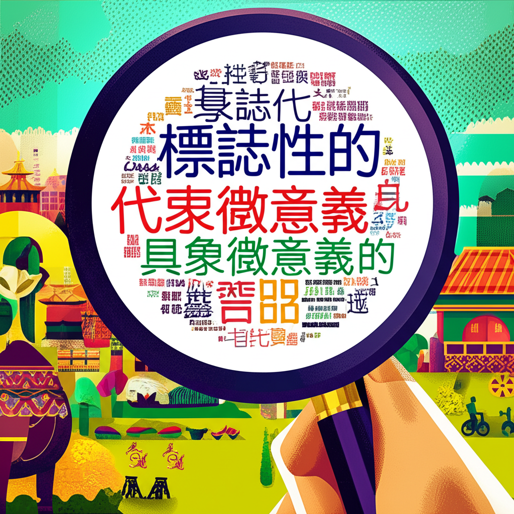 插畫顯示一人手持放大鏡檢視包含標誌性的、代表性的、具象徵意義的等中文字詞的詞彙氣泡,背景為多元文化場景,象徵精準的語言理解