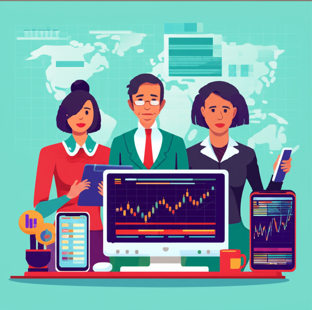 多元交易者群像使用MetaTrader 5跨裝置操作,展現圖表、數據與全球金融市場動態